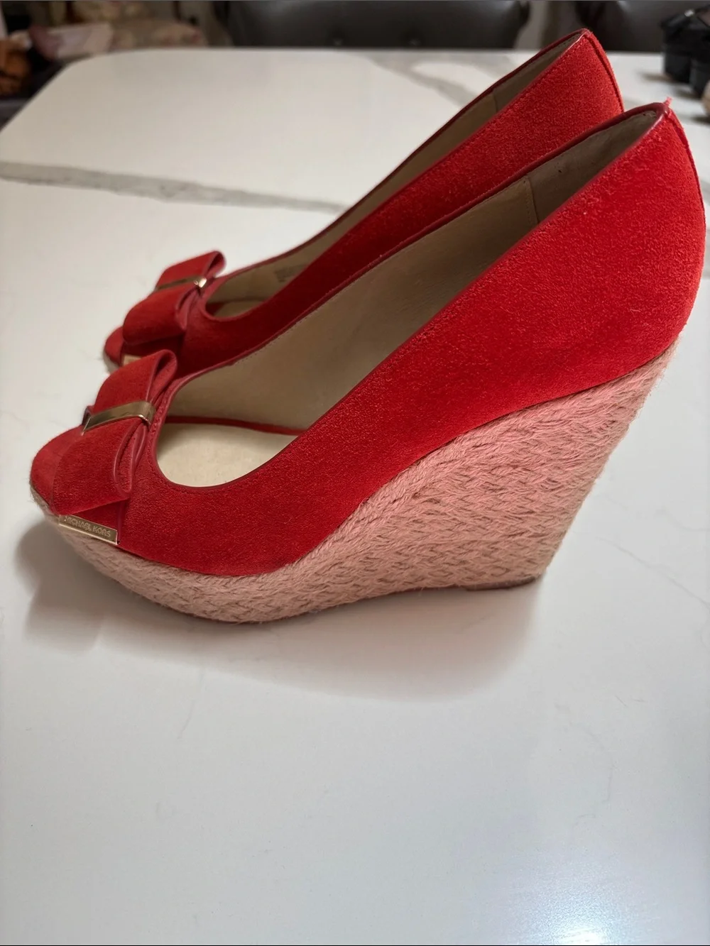 Michael Kors Red Suede Peep-Toe Espadrille Wedges with Bow